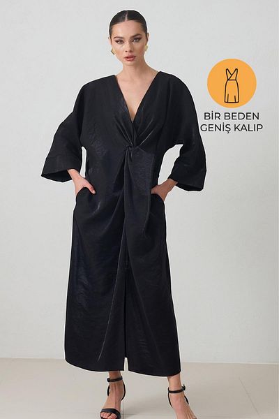 Setre Black V Neck Front Detail Relaxed Fit Wide Fit Long Sleeve Dress