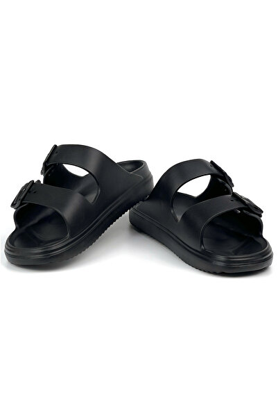 KAJILA Unisex Black Double Buckle Non-Slip Sole Adjustable Lightweight Daily Beach Slippers