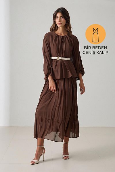 Setre Bitter-Brown, cu tăietură largă, cu talie, cu detaliu de centură, cu mâneci lungi, rochie largi, de lungime midi