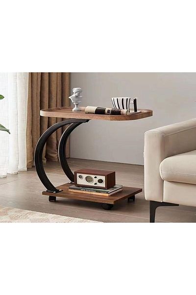 Generic C Shaped Side end Table With Wheels, Sofa end Table, 2 Layer Wooden top Tray for Living Room Bedroom