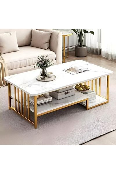 Generic 2-Tier Round Marble Coffee Table with Metal Frame Nesting Side Table Set for Living Room, Bedroom