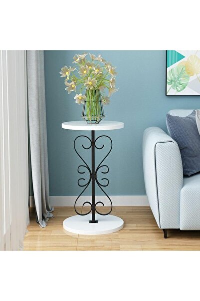 Generic Elegant Round Pedestal Plant Table, 60cm Height, Wood Top, Gold/White Texture, 1 Tier, 12"L x 12"W x