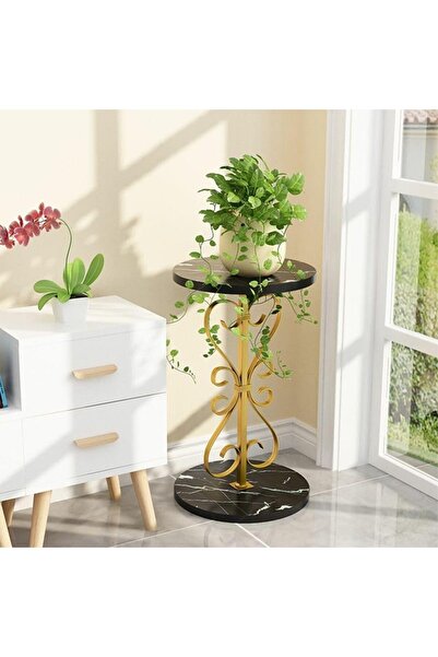 Generic Elegant Round Pedestal Plant Table, 60cm Height, Wood Top, Gold/White Texture, 1 Tier, 12"L x 12"W x
