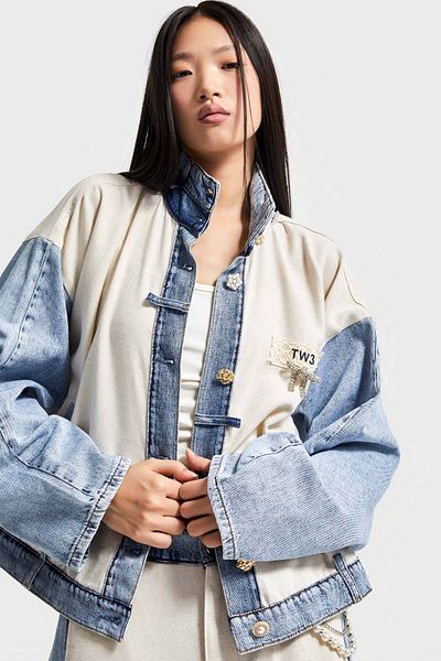 its basic Women's Ink Beige Denim Knitted Fabric Oversize Special Design Denim Jacket