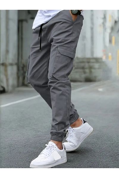 VIKUNYA Ανδρικό Jogger Smoked Cotton Lycra Cargo Παντελόνι με ελαστική μέση και πόδι με τσέπες Cargo
