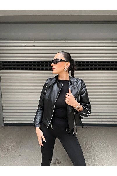 MEECY Dámská černá motorkářská kožená bunda