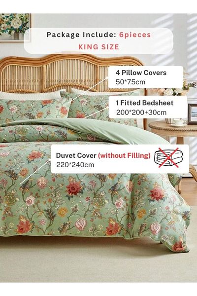 LUNA HOME طقم غطاء لحاف كينج مقاس 6 قطع، بتصميم قابل للعكس، تصميم ورود بلون كاكي غامق، 220×240 سم.