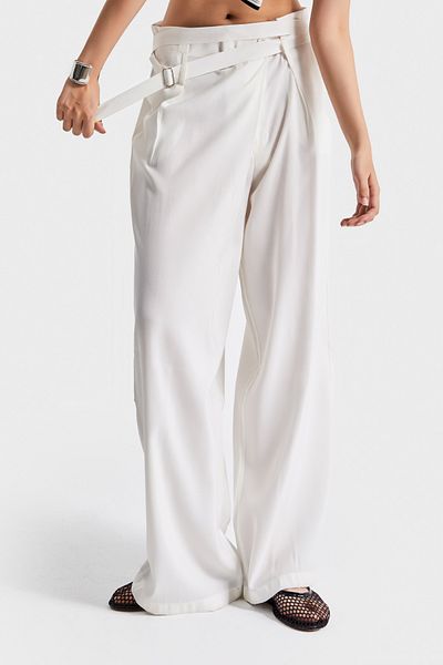 its basic Women's Ecru Color Palazzo Fit Belt Detailed Silk Satin Fabric Special Design Trousers