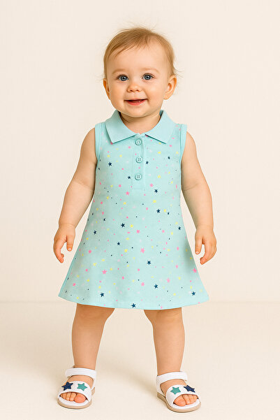 Mika Bebek & Çocuk Yıldız Baskılı Polo Yaka Turkuaz Kız Bebek Çocuk Turkuaz E...