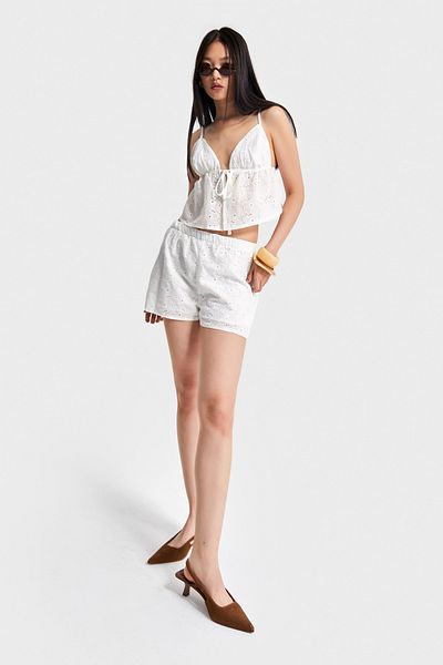 its basic Women's Off-White Color S5-2 Ruched Fabric Bottom Shorts Top Crop 2-Piece Combination Design Suit