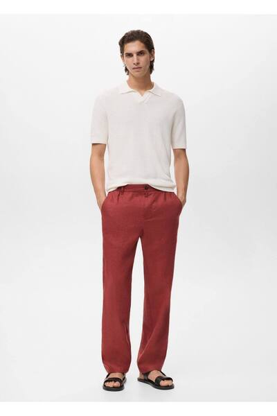 MANGO Man Elastik bel bantlı %100 keten pantolon
