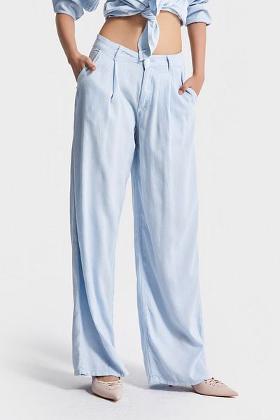 its basic Women's Baby Blue Color 6S5-103 Super Palazzo Fit Organic Linen Fabric Trousers
