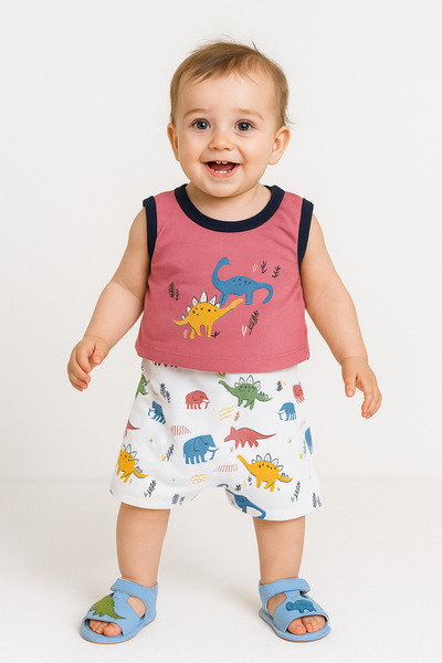 Mika Bebek & Çocuk Erkek Bebek Dinozor Baskılı Kiremit Rengi Yazlık 2li Takım