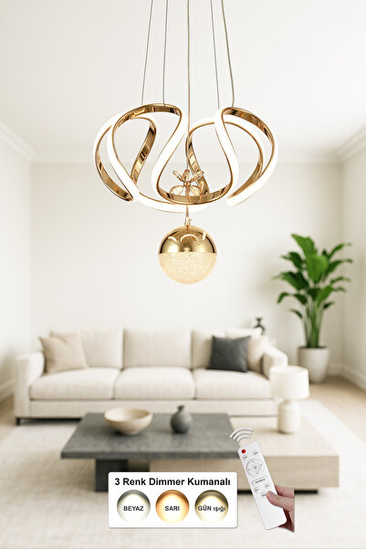 Avizemoda Rumi Tekli Dimmer Kumandalı 3 Renk Ledli (Sarı-Beyaz-Gün Işığı) Modern Sarkıt Avize - Gold