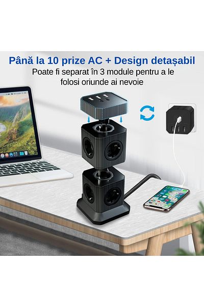 INNOVIO Prelungitor Tip Turn Detasabil INNOVIO® 3 in 1, Vertical si Modular, cu 10 Prize, 5 Porturi USB