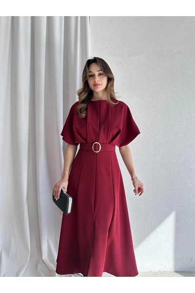 Modisma Rochie midi cu detaliu curea burgundy