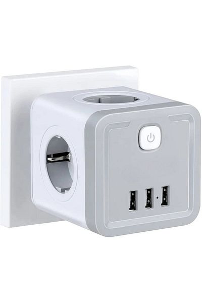 INNOVIO Stecher cu 4 prize si 3 porturi USB-A INNOVIO, Putere mare 4000W/16A, Multiple Protectii, Alb/Gri