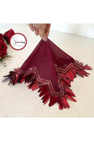 Gelincimherşey Bordo Şifon Kumaş Payet Süslemeli Gelin Oyun Halay Mendili