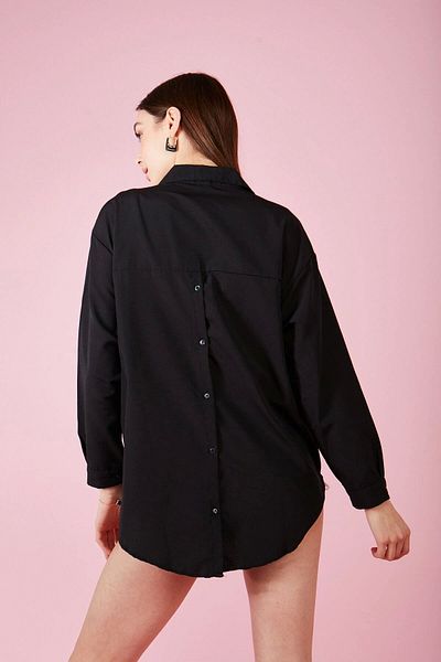 MEECY Cămașă oversize din poplin, neagră, cu nasturi la spate