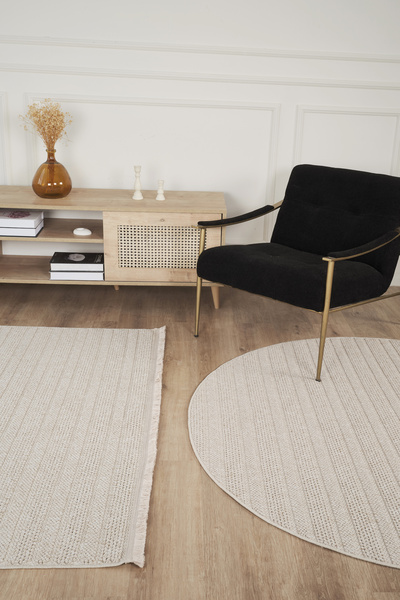 Livset Yumuşak Bukleli Bej Oeko-tex Sertifikalı Yuvarlak Oturma Odası Salon Mutfak Balkon Çocuk Halısı