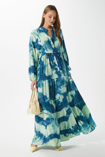Ritnice Rochie de vară lungă, modestă, verde Gloria, pentru femei, 100% viscoză, cu mâneci cu balon în straturi