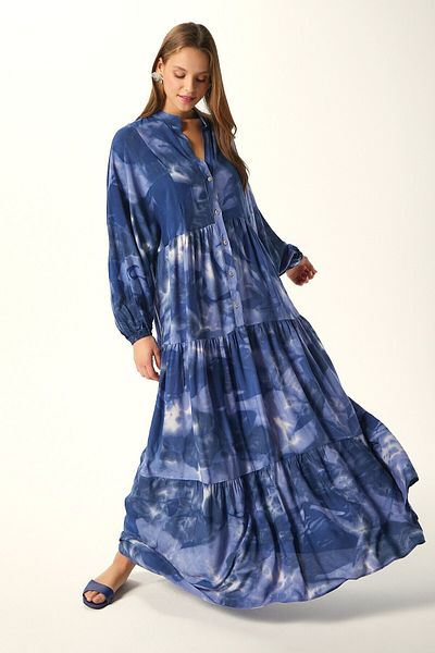 Ritnice Modest Gloria Powder Navy Blue Purple 100% Viscose Maxi Length Tiered Balloon Sleeve Long Summer Dress