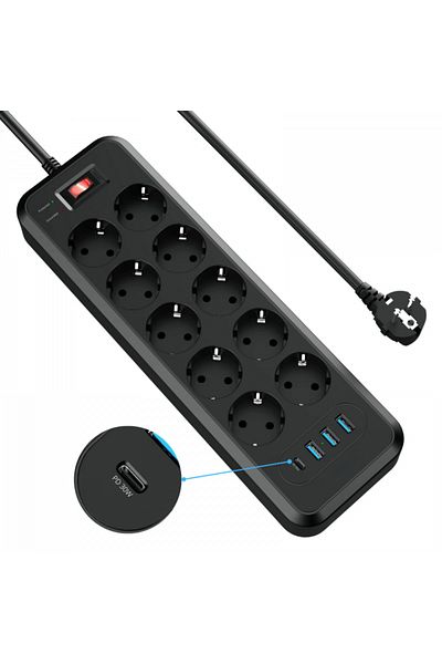 INNOVIO Prelungitor INNOVIO® de Putere Mare 4000W 16A, 10 Prize cu 4 Porturi USB (USB-C PD 30W), Protectii