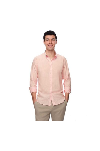 HON'S Ανδρικό πουκάμισο Slim Fit Λινό με μακρυμάνικο γιακά με κουμπί