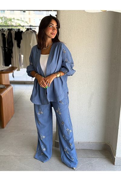 Lavanta Tekstil Kimono Pants Set with Embroidery and Stone Processing Detail