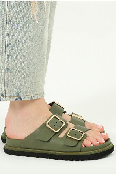 Lemoors Maria Smooth Inside and Outside and Sole Genuine Leather Buckle Khaki Color Women's Slippers