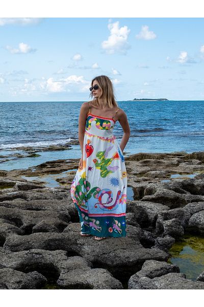 S&A Collectionn Strappy Square Neck Back Gimped Multicolor Patterned Lined Maxi Dress