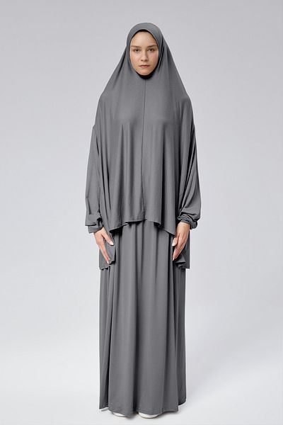 Mesa Charm Women's Hijab Two Piece Organic Cotton Headscarf Plug and Play Prayer Dress Gray