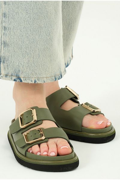 Lemoors Maria Smooth Inside and Outside and Sole Genuine Leather Buckle Khaki Color Women's Slippers