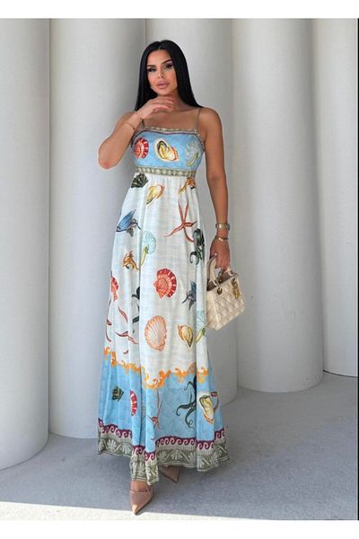 S&A Collectionn Rochie maxi căptușită cu decolteu pătrat cu bretele cu model multicolor pe spate
