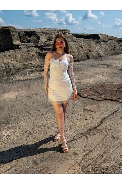 S&A Collectionn Rochie mini din tul fără bretele cu mânecă lungă pentru femei
