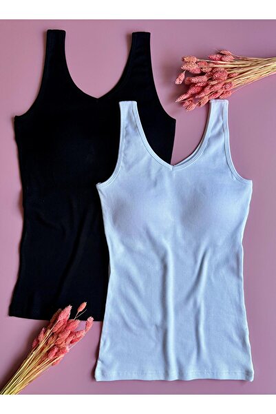 Elosia Κομψό ντραπέ |   Modal 2 τεμαχίων V λαιμόκοψη με σουτιέν, ασπρόμαυρο χρώμα καμιζόλα γυναικεία μπλούζα