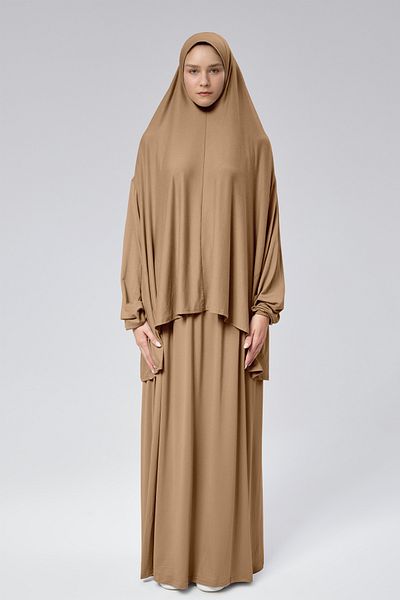 Mesa Charm Women's Hijab Two Piece Organic Cotton Headscarf Plug and Pull Prayer Dress Beige