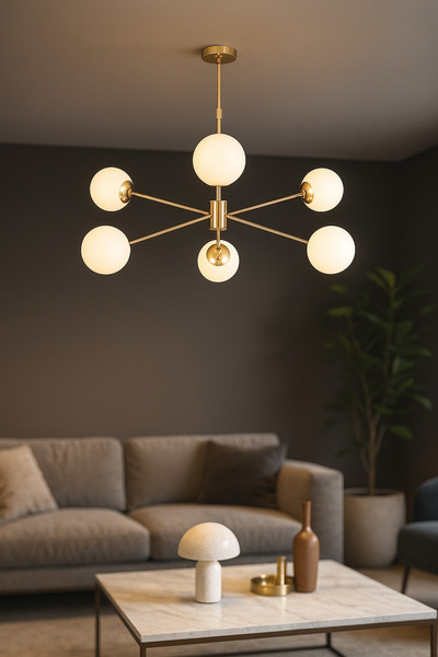 Avizemoda Pinza 6 lı Beyaz Camlı Salon Oturma Odası Modern Kollu Avize - (Gold Kaplama)