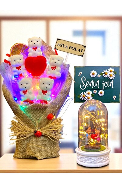 MEGA KANYON Kişiye Özel Isimli Renkli Işıklı Ayıcık Buketi & Led Işıklı Kalp ...
