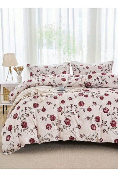LUNA HOME King Size 6-piece Duvet Cover Set Beige Wit Vintage Red Rose Print 220x240cm.