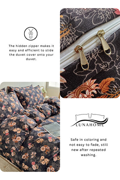 LUNA HOME King Size 6-piece Duvet Cover Set Featuring A Charming Vintage Print, Brown Color 220x240cm.