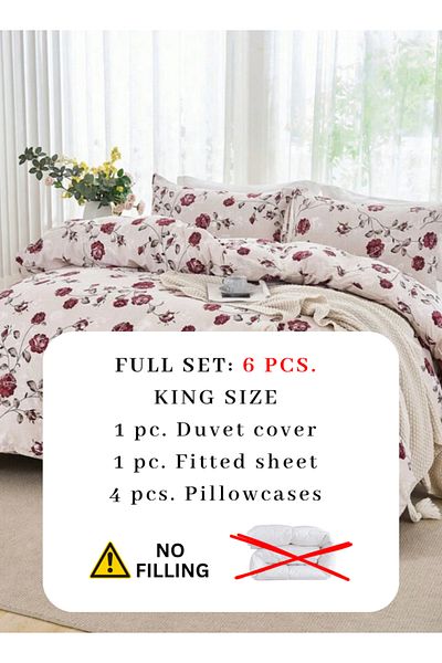LUNA HOME King Size 6-piece Duvet Cover Set Beige Wit Vintage Red Rose Print 220x240cm.