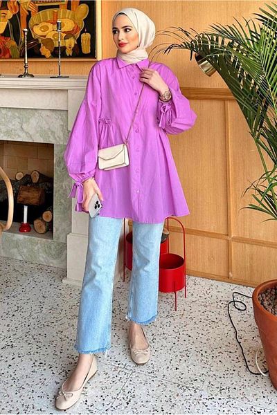 TRENDTESETTÜR Women's Plum (Lilac) Waist Drawstring Detailed Buttoned Tunic t 7168