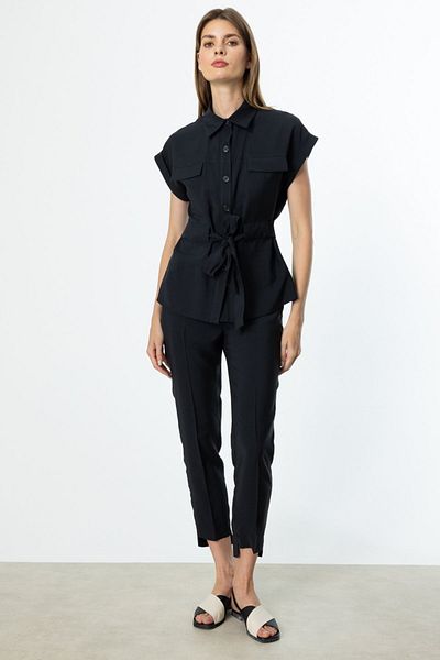Ekol Women's Elastic Waist Leg Detail Trousers 3332 Black