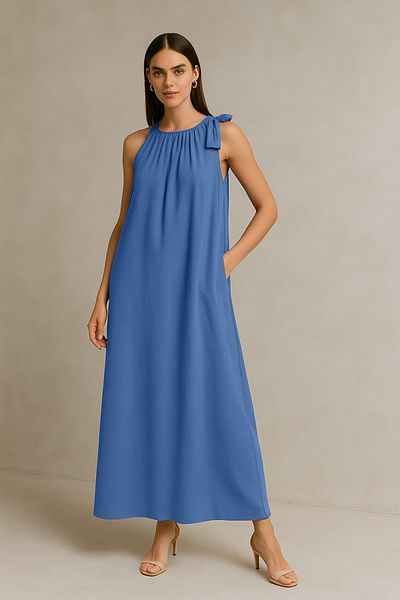Lovia Indigo Blue Color, Pocketed, Laced Loose Cut Long Dress