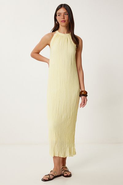 Lovelyİstanbul Rochie de vară din in cu efect de șifonat GALBEN LGK0005