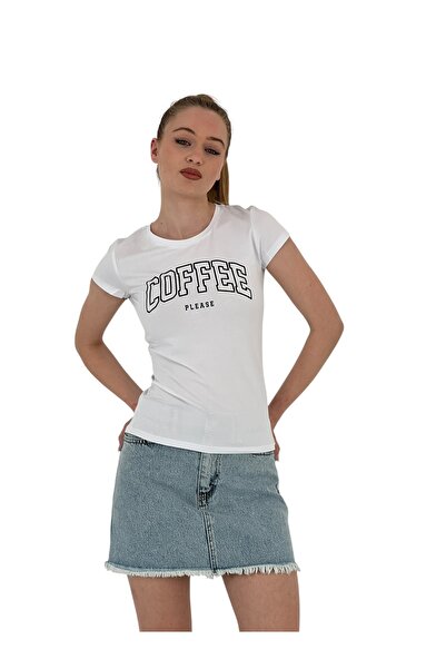 Miss Poem Γυναικείο καλοκαιρινό μπλουζάκι με στάμπα καφέ με κοντό μανίκι στενό λευκό μπλουζάκι