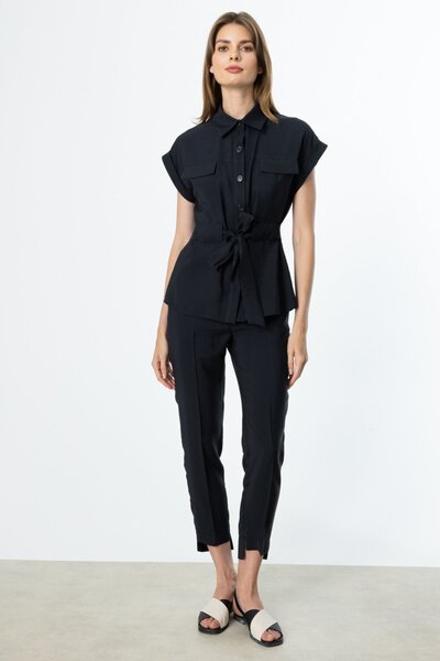 Ekol Women's Waist Tied Buttoned Blouse 3330 Black