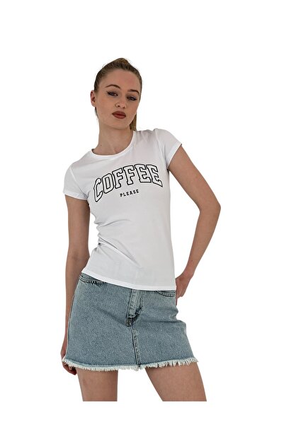 Miss Poem Γυναικείο καλοκαιρινό μπλουζάκι με στάμπα καφέ με κοντό μανίκι στενό λευκό μπλουζάκι