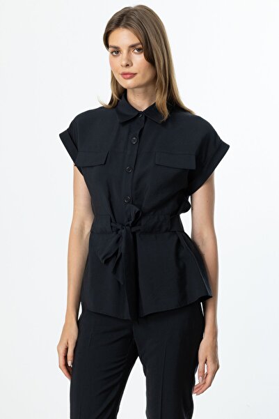 Ekol Women's Waist Tied Buttoned Blouse 3330 Black